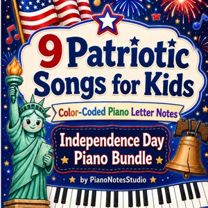 Puede incluir: Ilustración colorida para un libro de piano infantil titulado "9 Patriotic Songs for Kids". La portada presenta la Estatua de la Libertad, un teclado de piano y la bandera estadounidense. El texto incluye "Independence Day Piano Bundle" y "Songs + Coloring Pages".