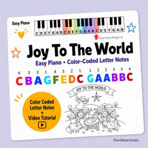 Op de afbeelding: Een witte kaart met de tekst "Joy To The World" en kleurgecodeerde letter notities voor eenvoudige piano. Bevat een diagram van een piano keyboard, een video tutorial en illustraties van kinderen en dieren.