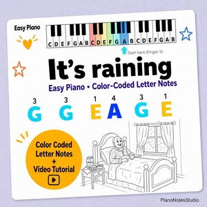 Op de afbeelding: Een kleurgecodeerd pianolesblad met de titel "It's raining". Het blad bevat een pianoklavierdiagram, kleurgecodeerde letter notities en een cartoon illustratie van een persoon in bed. De tekst "Easy Piano" staat bovenaan.