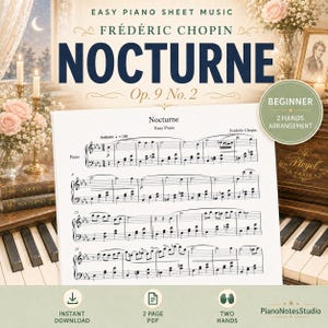 May include: Sheet music for Frédéric Chopin's Nocturne Op. 9 No. 2, labeled "Beginner" with a two-hands arrangement. The title is in large, dark blue letters. The image includes a piano, flowers, and candles, creating a romantic ambiance.