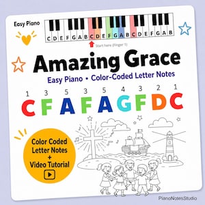 May include: A white sheet with the title "Amazing Grace" and color-coded letter notes for easy piano. The sheet includes a piano keyboard diagram, a video tutorial, and illustrations of a cross, a ship, and children.