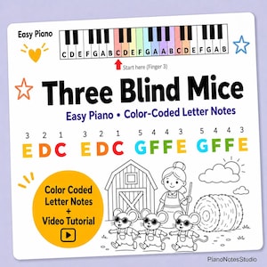 Op de afbeelding: Een wit blad met de titel "Three Blind Mice" en kleurgecodeerde letter notities voor eenvoudige piano. De afbeelding bevat een piano keyboard grafiek, illustraties van muizen, een boerin en een schuur. De tekst "Color Coded Letter Notes + Video Tutorial" is ook aanwezig.
