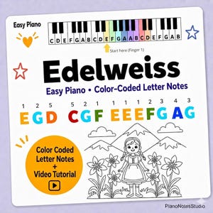 May include: A white educational poster for easy piano featuring the song "Edelweiss." The poster includes a colour-coded keyboard, musical notes, and a drawing of a girl in a field of flowers. The text includes "Easy Piano" and "Colour-Coded Letter Notes."