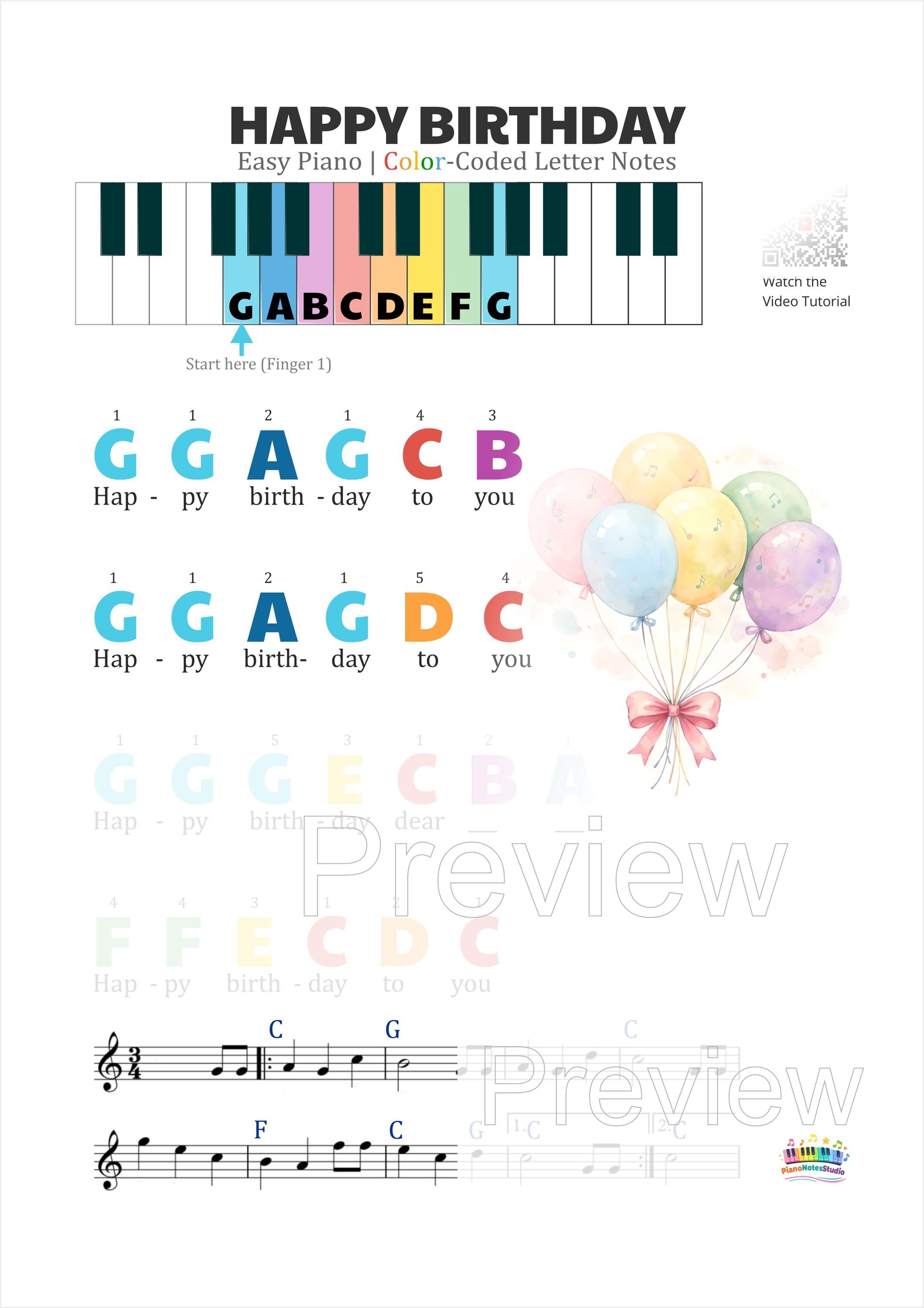 Happy Birthday Piano Keys Notes Cheat Sheet, Easy Piano Color Coded ...