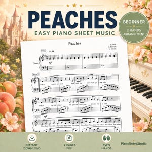 May include: Sheet music for "Peaches" with a beginner-level arrangement for two hands. The cover features the title in large navy blue letters, with a peach and floral theme. Includes a piano and a castle illustration.