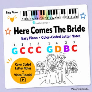 May include: A white piano sheet music page with the text "Here Comes The Bride." It includes color-coded letter notes, a piano keyboard diagram, and a drawing of a bride and groom. The text "Easy Piano" is at the top.