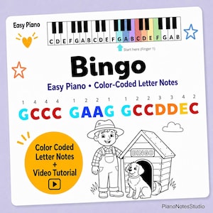 Bingo Easy Piano Letter Notes, Color Coded Letter Notes, B-I-N-G-O Dog Song, There Was a Farmer Who Had a Dog PDF Printable + Video Lesson