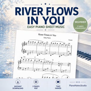 May include: Easy piano sheet music for "River Flows in You" by Yiruma. The music is displayed on a white background with a blue and white watercolor background. The text "River Flows in You" is at the top. Includes a beginner arrangement.