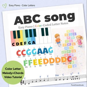 May include: A white sheet with the title "ABC song" in large black letters. The sheet includes a color-coded piano keyboard, musical notes, and the text "Easy Piano | Color-Coded Letter Notes". There are also illustrations of children and the text "Color Letter Melody+Chords Video Tutorial".