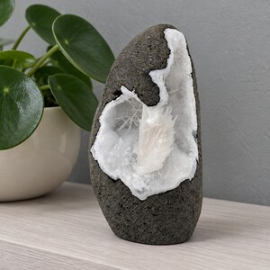 Scolecite Geode - 3 Inch Standing Basalt Geode with a White Needle Crystal Spray