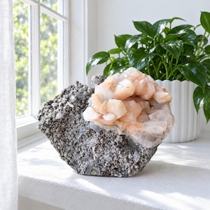 May include: A natural mineral specimen featuring a cluster of pale peach-colored crystals embedded in a rough, speckled gray granite matrix. The crystalline formation displays translucent, angular facets that contrast with the coarse, dark stone base.