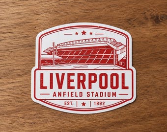 Pegatina de vinilo con sello de pasaporte de fútbol del estadio Anfield de Liverpool. Regalo ideal.