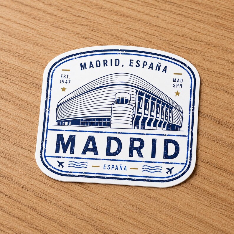 Puede incluir: Una pegatina cuadrada con esquinas redondeadas que presenta una ilustraci&oacute;n de l&iacute;neas azules de un estadio. El texto dice MADRID, ESPA&Ntilde;A, EST. 1947, MAD SPN y MADRID. El dise&ntilde;o incluye peque&ntilde;as estrellas doradas, iconos de aviones y l&iacute;neas onduladas.