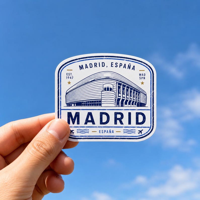 Puede incluir: Una pegatina blanca con una ilustraci&oacute;n gr&aacute;fica azul de un estadio en Madrid, Espa&ntilde;a. El texto dice MADRID, ESPA&Ntilde;A, EST. 1947, MAD SPN y MADRID. El dise&ntilde;o presenta un borde de estilo vintage desgastado con peque&ntilde;as estrellas e iconos de aviones.