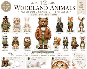 Woodland Animal Paper Doll Kit | Vintage Fox, Bear, Cat Standing Craft (Digital Download)