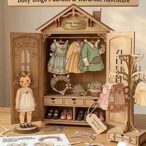 May include: A wooden dollhouse wardrobe set titled BUILD YOUR DREAM DIORAMA! Dolly Dingo's Garden & Wardrobe Adventure. It includes a paper doll, hanging paper outfits, miniature accessories, a clothing rack, a tag labeled Style No. 012, and a sheet of paper cutouts.
