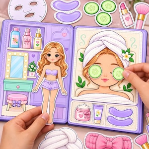 May include: A paper doll activity book featuring a cartoon character with long wavy hair. The set includes various spa-themed accessories like cucumber eye slices, a white towel head wrap, skincare bottles, a makeup brush, and a vanity station.