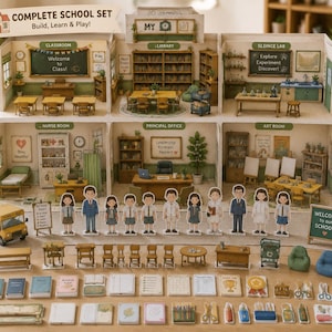 May include: A complete school set featuring a multi-room building with a classroom, library, science lab, nurse room, principal office, and art room. Includes miniature school bus, student figures, desks, chairs, books, and various school supplies.