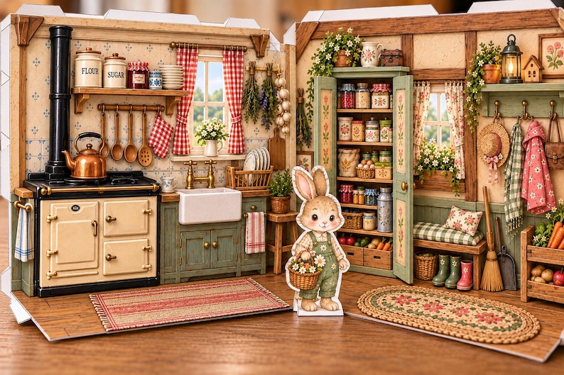 Printable Farmhouse Paper Dollhouse Kit, Bunny Paper Doll & Outfits ...