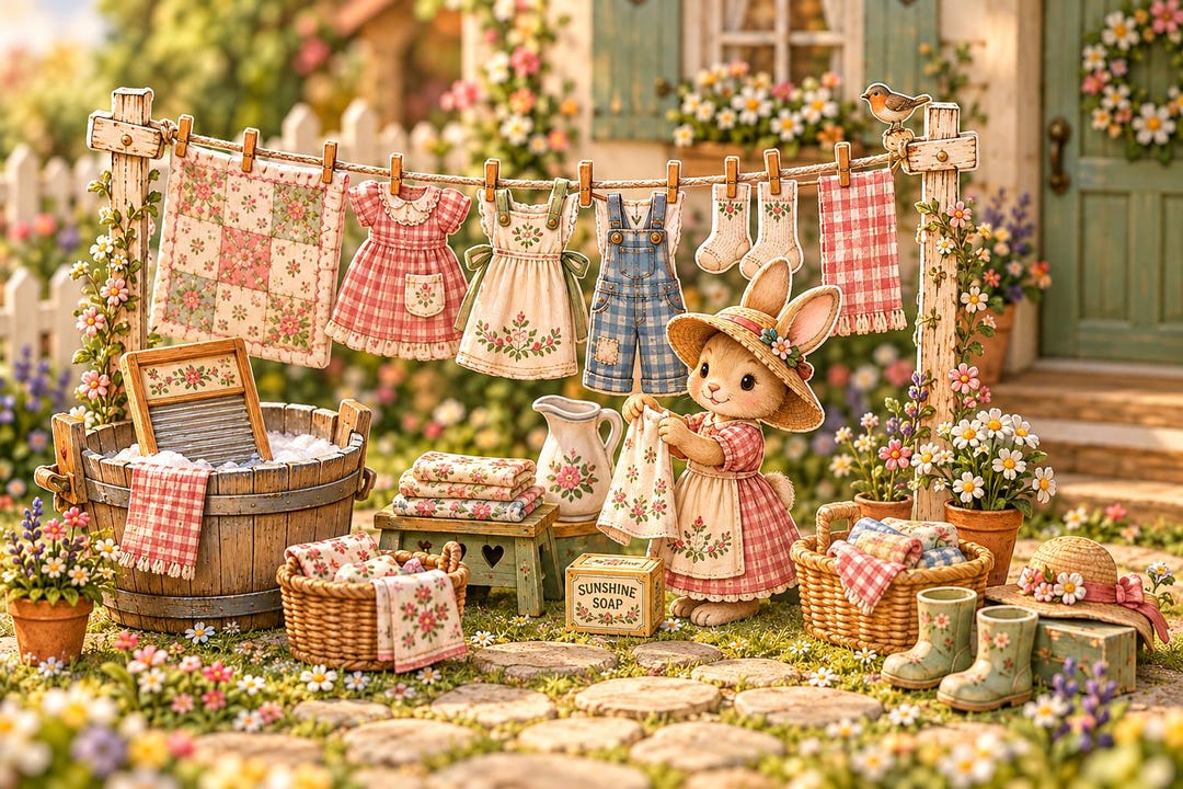 Printable Farmhouse Paper Dollhouse Kit, Bunny Paper Doll & Outfits ...