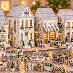 Puede incluir: Un pueblo en miniatura con varios edificios de varias plantas con tejados de tejas grises, incluida una panadería con un toldo a rayas. La escena incluye una fuente central, una bicicleta, un pequeño puesto de comida y una valla blanca.