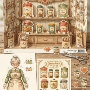 May include: A paper craft set featuring a fold-out kitchen display labeled Grandma's Pantry, a paper doll with glasses and an apron, and a sheet of pantry item cutouts including jars, canisters, and utensils, with a pair of metal scissors nearby.