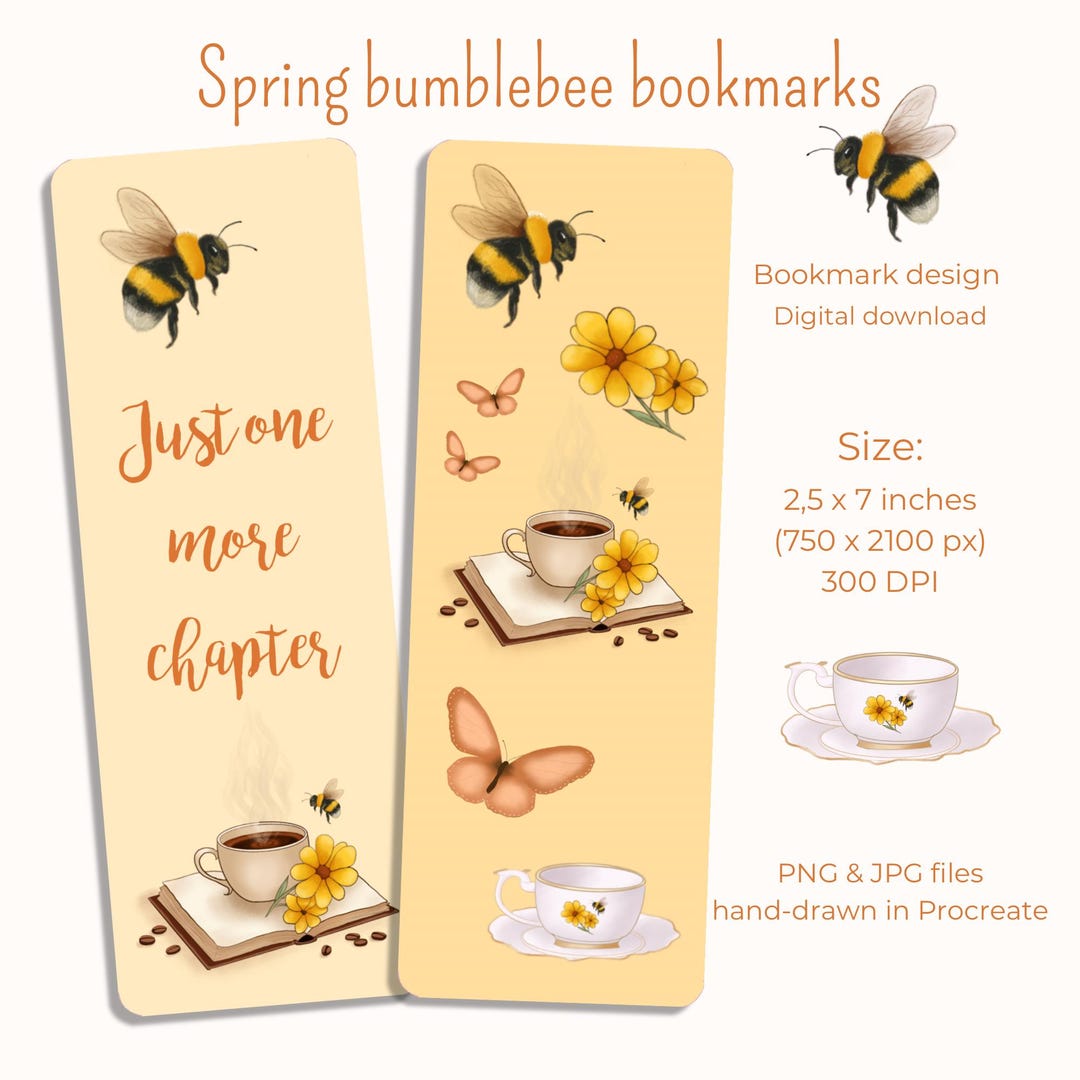 Spring Bumblebee Bookmark Set | Printable Bookmark Design | Hand-drawn ...