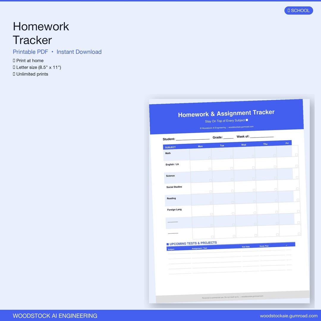 Homework Tracker Printable | Student Assignment Planner | Weekly School ...