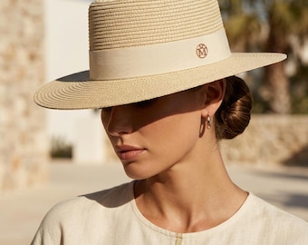 Foldable Straw Hat Women, Panama Sun Hat Beach, Vintage Floppy Summer Hat with Ribbon, Sun Protection Holiday Gift for Her