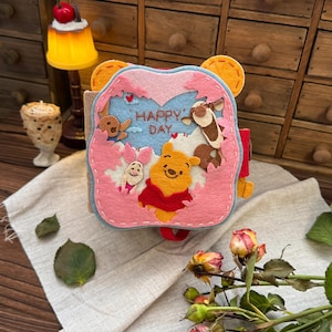 Handmade Felt Photo Album,Custom Date, Hidden Pocket, Winniee the Pooh & Friends Happy Day Pattern, Gift for Partner Family Friend