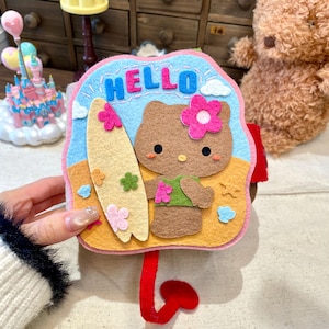 DIY Felt Photo Album Kit, Blue & Yellow Cover, Brown helloo kiitty with HELLO Lettering, Custom Date Hidden Pocket Gift Kit