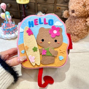 DIY Felt Photo Album Kit, Blue & Yellow Cover, Brown helloo kiitty with HELLO Lettering, Custom Date Hidden Pocket Gift Kit