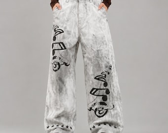Pantalones vaqueros holgados con grafiti para mujer / Pantalones vaqueros de estilo urbano Y2K / Vaqueros de pierna ancha con lavado vintage / Pantalones skater estilo punk