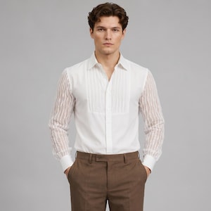 mens sheer white dress shirt Men Feather Textured Sheer Shirt Long Sleeve Button Up Statement Top