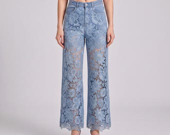 Hohe Taille Spitze Jeans | Weites Bein Jeans Hose, schiere Overlay Boho Chic Hose