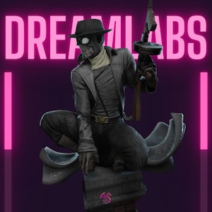 May include: A detailed statue of a character in a fedora, goggles, and a trench coat, holding a Tommy gun. The figure is crouched on a stone base, with the text "DREAM LABS" in pink above. The overall colour scheme is dark with pink accents.