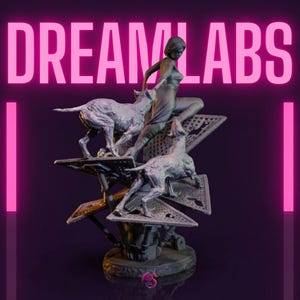 May include: A gray sculpture featuring a woman with two dogs on a multi-tiered platform. The sculpture has a dark purple background with the text "DREAM LABS" in bright pink. The sculpture is detailed and appears to be made of a stone-like material.