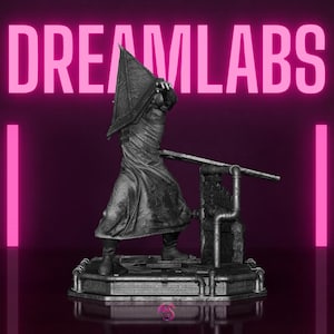 May include: A grayscale statue of a figure with a pyramid-shaped head, wearing a long coat, and holding a large blade. The statue is on a detailed base with pipes and brickwork. The word "DREAMLABS" is displayed in pink neon.