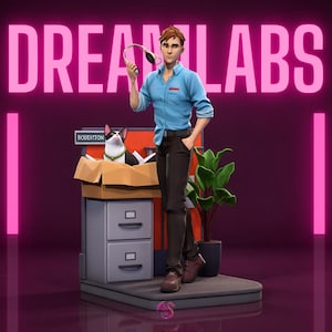 Puede incluir: Figura de un hombre con camisa azul y pantalón negro sosteniendo auriculares, con un gato en una caja sobre un archivador. La palabra "DREAM LABS" está en letras rosas sobre el hombre. Una planta está a la derecha.