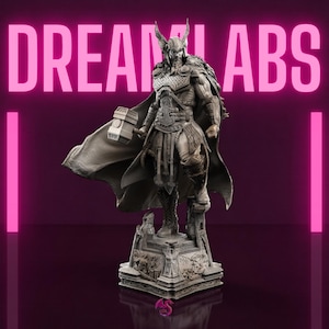 May include: A detailed statue of Thor, the Norse god of thunder, holding his hammer. The statue is gray and stands on a decorative base. The text "DREAM LABS" is displayed in pink neon.