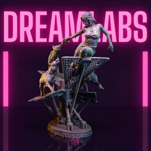 May include: A bronze sculpture featuring a woman kneeling on a geometric structure, reaching towards two snarling wolf-like creatures. The sculpture is set against a dark purple background with the text "DREAM LABS" in bright pink.