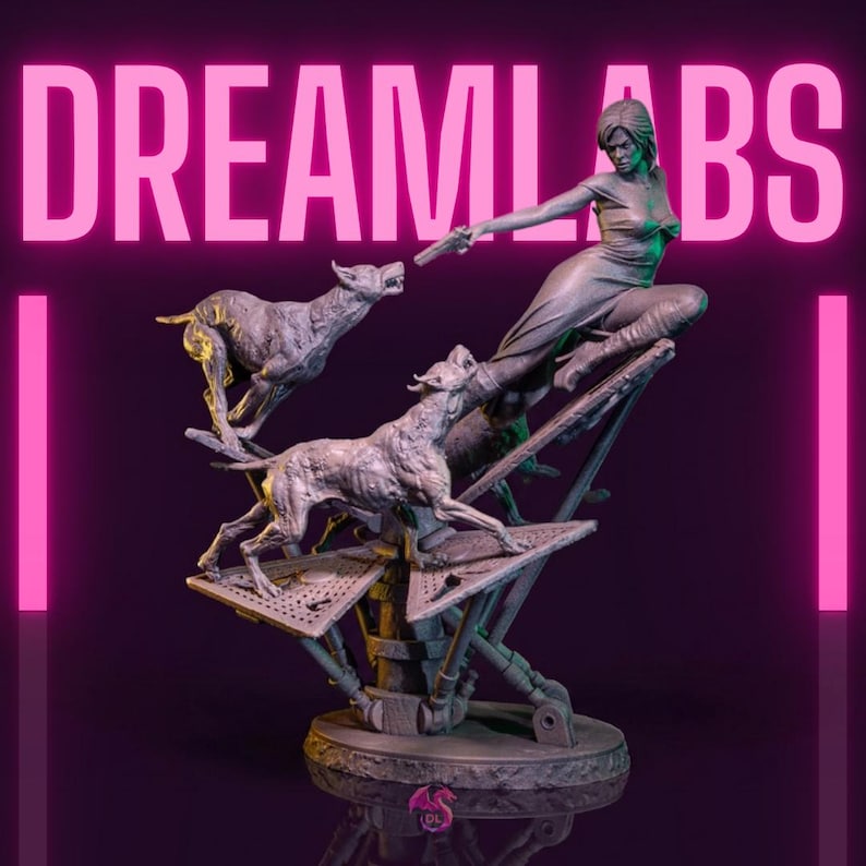 May include: A detailed sculpture featuring a woman holding a gun, with two running dogs, and the text "DREAMLABS" in pink. The sculpture is set against a dark purple background with pink neon accents.