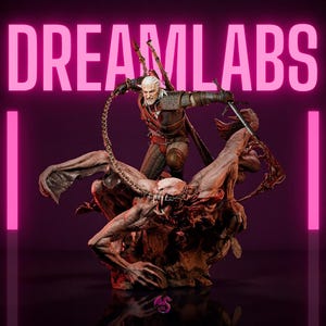 May include: A detailed statue of a warrior battling a monster, with the text "DREAMLABS" in bright pink. The warrior, with white hair, is poised with a sword and chain. The monster is a grotesque creature with large wings and sharp teeth.