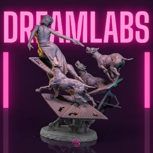 May include: A sculpture featuring a woman in a flowing dress reaching towards several dogs. The dogs are positioned on platforms, with the word "DREAMLABS" in bright pink letters above. The sculpture has a dark purple background.