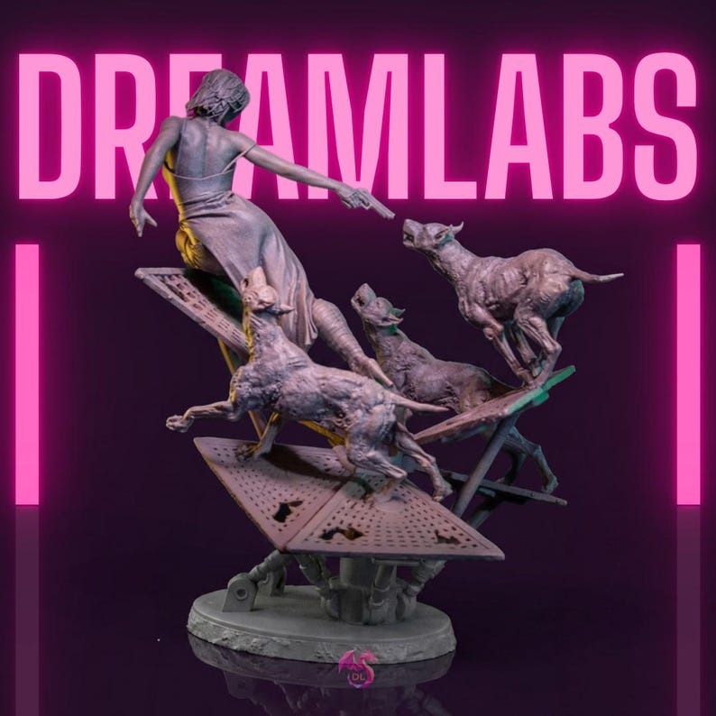May include: A sculpture featuring a woman in a flowing dress reaching towards several dogs. The dogs are positioned on platforms, with the word "DREAMLABS" in bright pink letters above. The sculpture has a dark purple background.