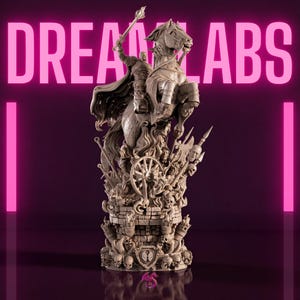 May include: A detailed sculpture of a knight on horseback, holding a spear aloft. The sculpture is set against a dark purple background with the text "DREAM LABS" in bright pink. The base features skulls and a shield.