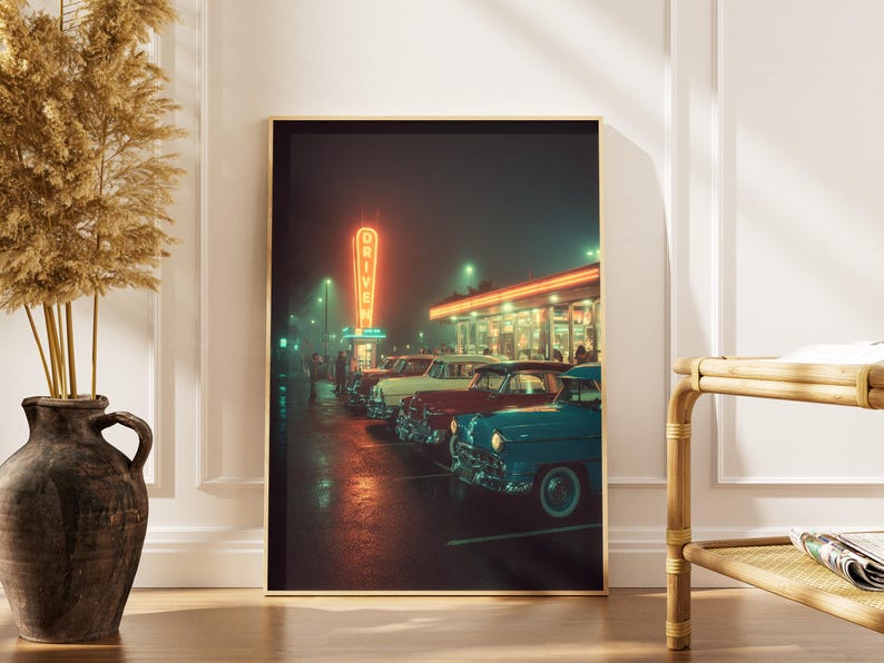 Retro Drive in Diner Canvas Print, Classic Car Neon Sign Poster ...