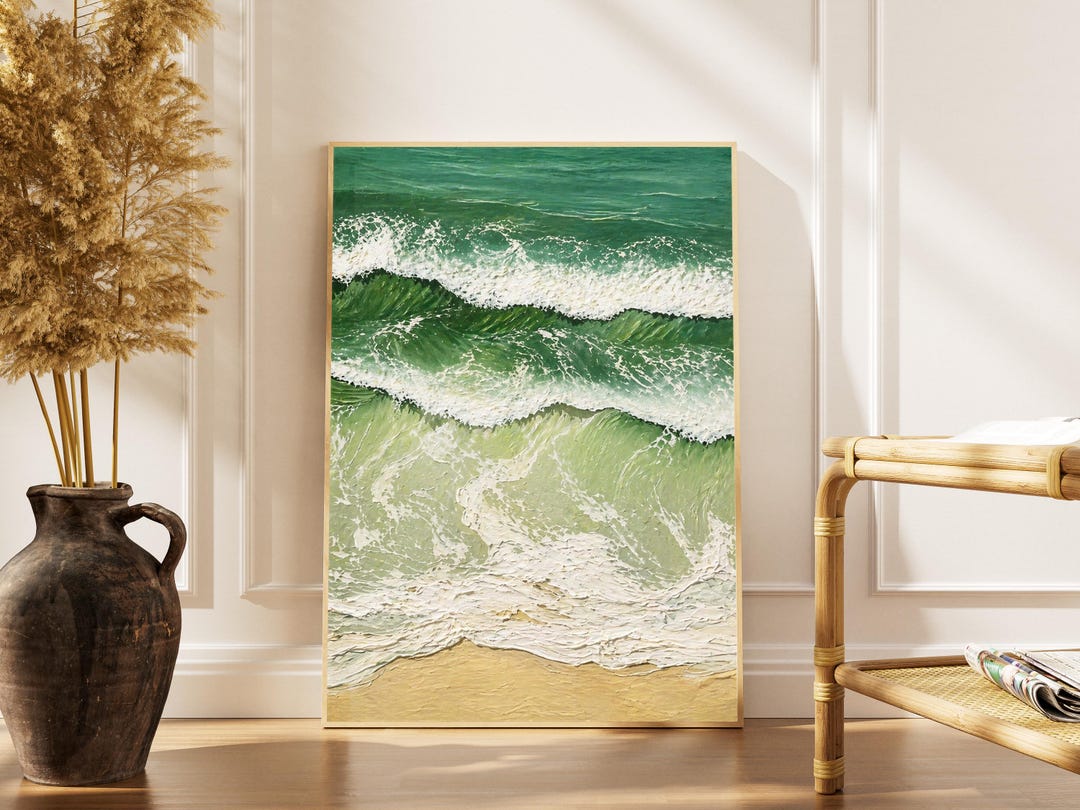 Ocean Wave Wall Art Print, Textured Coastal Poster, Green Seascape ...
