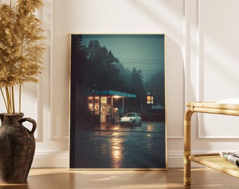 Vintage Gas Station Canvas, Classic Car Poster, Moody Night Wall Art, Foggy Forest Print, Retro Automotive Decor For Car Enthusiast Gift.