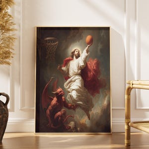 Jesus Dunking On Teufel Leinwand, Lustiges christliches Basketball-Plakat, Holy Dunk Wandkunst, religiöser Humor Geschenk, Jesus gegen Satan Druck-Dekor-Haus.